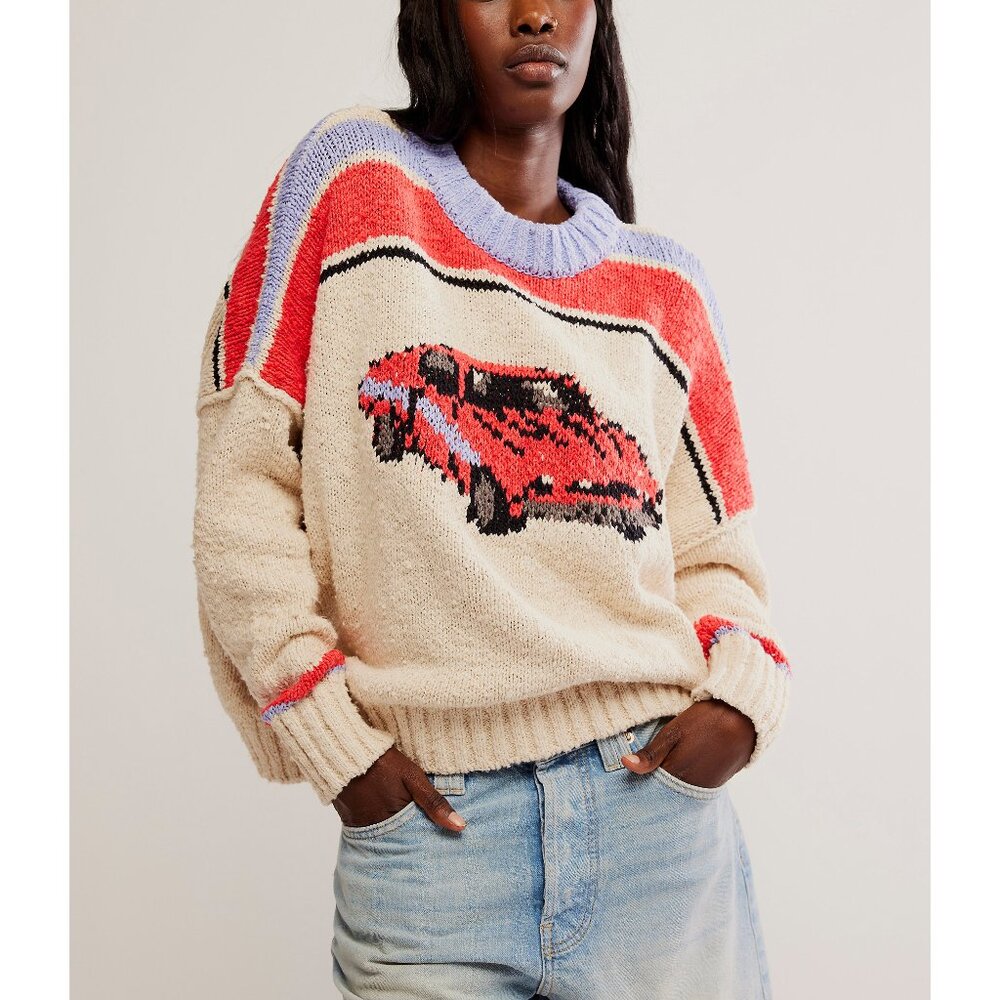 Free People Cream Sweater Red Race Car Motif Lavender Trim Oversized fits L